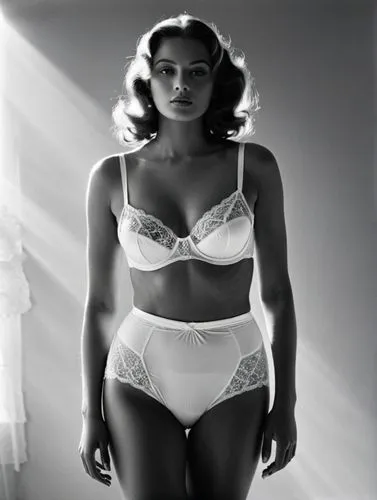 Black and white image of a flabby underwear model with a rather ample bust, created with a great depth of field.,a black and white pograph of a woman in lingerie,jane russell-female,bettie,marylyn mon