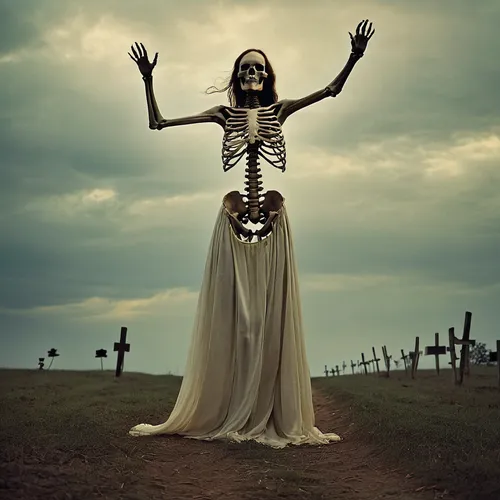 The skeletal figure emerged from the misty graveyard its bony fingers reaching out in a haunting invitation Its low raspy voice whispered tales of ancient curses and lost souls,dance of death,dead bri