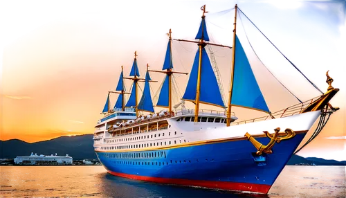 Large sailing vessel, luxurious cruise ship, white deck, blue sails, golden trim, intricate anchor, majestic bow, sunset background, warm lighting, 3/4 composition, shallow depth of field, cinematic a