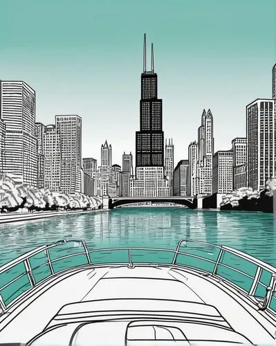 star line art,chicagoan,chicago skyline,coloring page,motorcity,federsee pier,chicago,cruises,lakefront,chicagoland,waterfronts,boat ride,ferrying,water taxi,coreldraw,lake shore,boating,lakeshore,streeterville,coloring pages,Illustration,Black and White,Black and White 04