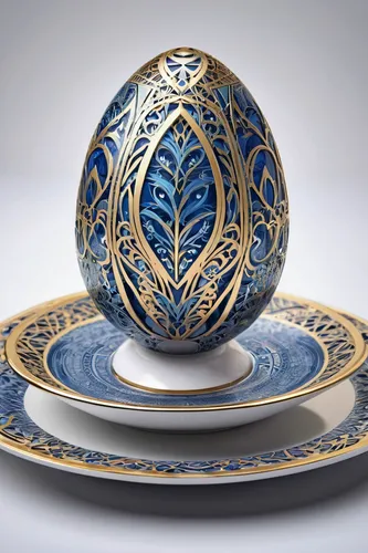 Create an elegant egg with intricate patterns on a royal plate.,decorative plate,egg dish,circular ornament,blue and white porcelain,tableware,painted eggshell,egg tray,serving bowl,ottoman,dishware,c