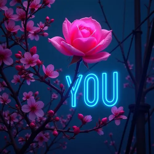 Digitally altered image of cherry blossoms with a neon glow rose and the word "YOU" in neon blue, against a psychedelic-filtered background with utility lines.,a neon pink rose in front of an apple tr