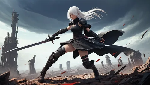 female android, A2 from NieR: Reincarnation, dynamic pose, long white hair, combat stance, large sword, torn black dress, red eyes, combat boots, futuristic ruins background, dystopian atmosphere, ove