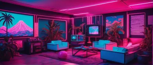 cabana,tropical house,aesthetic,great room,neon lights,apartment lounge,neon coffee,tropics,neon cocktails,livingroom,80's design,south beach,neon light,neon,game room,playroom,palms,miami,living room,electrohome,Art,Artistic Painting,Artistic Painting 39