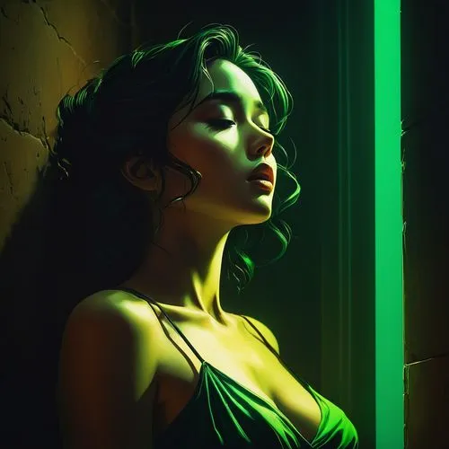 chiaroscuro,film noir,fluorescents,in green,eldena,chryste,green dress,in the shadows,femme fatale,gamora,verde,noir,vampirella,chiffonade,emerald,green light,nightshade,sonakshi,green skin,kryptonite,Conceptual Art,Fantasy,Fantasy 28