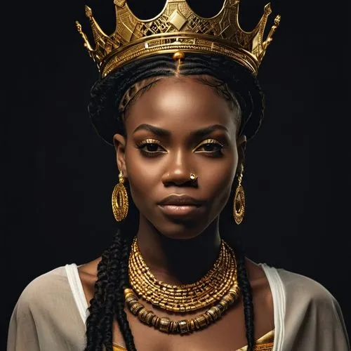  black  urban woman queen with fitted dress with long locs with gold jewelry  on her head wrist ears nose black background tattoos and a gold crown in africa,a woman wearing a crown and two ids,niobe,