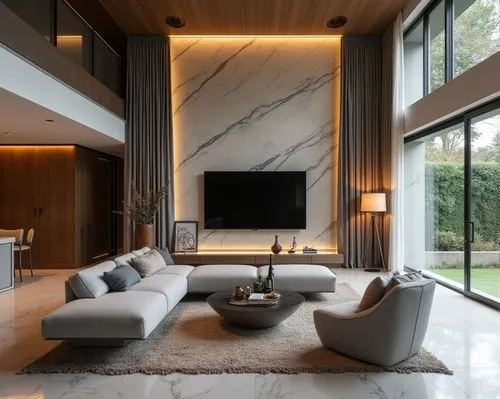 Modern-style villa living room with a double-height ceiling, a TV background wall featuring hanging marble tiles, floor-to-ceiling windows with a black metal frame and curtain rail, a sofa and armchai