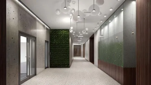 minimalist lobby, modern , concrete, terrazzo , glass cladding ,an artist's impression depicts the corridor of a modern office,hallway space,hallway,corridor,wallcovering,3d rendering,corridors,walk-i