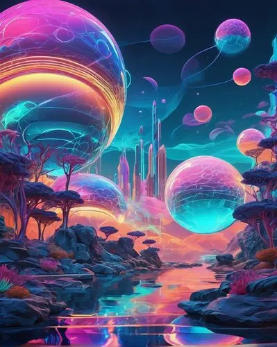 mushroom landscape,futuristic landscape,alien world,alien planet,fantasy landscape,fairy world,mushroom island,kaleidoscape,spheres,organica,cosmos field,wonderlands,cosmos,dreamscape,acid lake,fantasy world,dream world,imaginationland,planetaria,3d fantasy,Conceptual Art,Sci-Fi,Sci-Fi 06