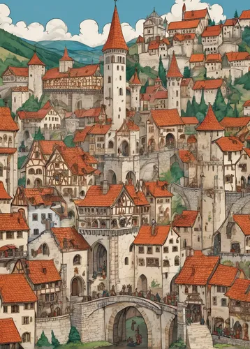 escher village,medieval town,jerusalem,mikulov,khokhloma painting,sarajevo,transilvania,medina,meteora,medieval market,transylvania,tübingen,schaffhausen,knight village,thun,old city,the old town,kelheim,kulmbach,stolberg,Illustration,Realistic Fantasy,Realistic Fantasy 42