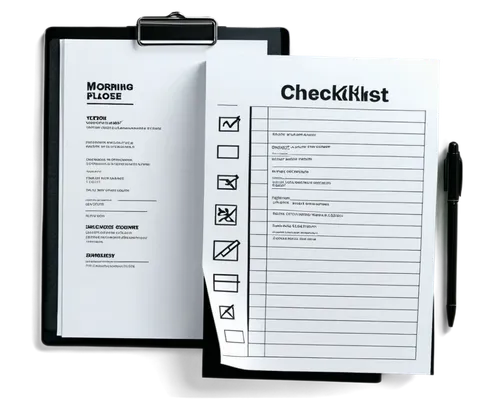 Checklist, document, paper sheet, white background, checkboxes, black ink, bold font, grid layout, 3D folded corner, morning light, shallow depth of field, soft focus, panoramic view.,two checklists a