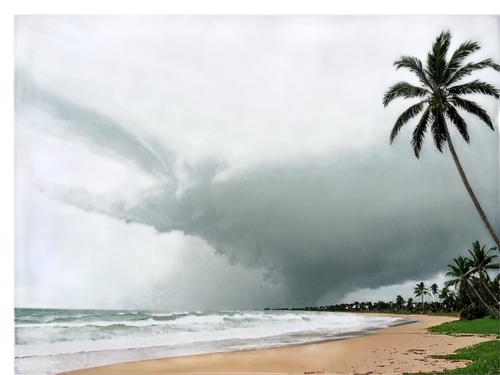 Powerful hurricane, stormy weather, dark clouds, heavy rain, strong winds, lightning flashes, turbulent sea, waves crashing, palm trees swaying, beachside destruction, debris scattered, 3/4 compositio