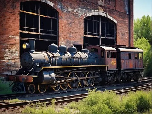 Abandoned industrial architectural depot, old rusty train tracks, worn-out wooden crates, faded discount code signs, vintage locomotive wheels, crumbling brick walls, overgrown weeds, rusty metal gate