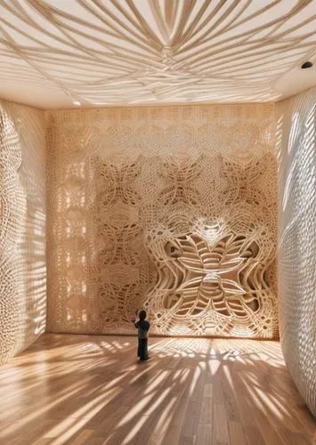 patterned wood decoration,wooden sauna,soumaya museum,bamboo curtain,archidaily,wood structure,wooden construction,room divider,building honeycomb,plywood,corrugated cardboard,ceiling construction,cork wall,honeycomb structure,wooden facade,timber house,wooden wall,jewelry（architecture）,made of wood,carved wall