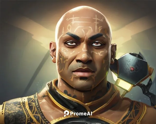 Bald brown man with bright yellow tattoos on his face and a black robe, he has a battle hammer on his back Studio Gibli Draw Style,paysandisia archon,twitch icon,prejmer,rupee,warlord,imperator,custom