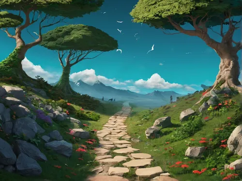 pathway,forest path,hiking path,the mystical path,fantasy landscape,the path,druid grove,mushroom landscape,wooden path,path,cartoon video game background,landscape background,trail,wander,background with stones,forest road,alpine crossing,the road to the sea,high landscape,tree top path,Conceptual Art,Fantasy,Fantasy 02