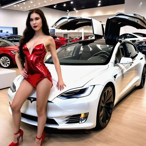 A gorgeous show girl 18 years old, elaborate stunning and very strikingly dressed as advertising show girl presenting a new TESLA automobil in a TESLA show room,model s,teslas,autoshow,tesla,tesla mod