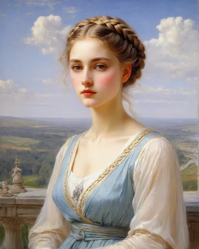 A beautiful young female, goddess braided hairstyle, nice outfit，by Albert Goodwin
,portrait of a girl,bougereau,bouguereau,artemisia,portrait of a woman,young woman,emile vernon,romantic portrait,la 