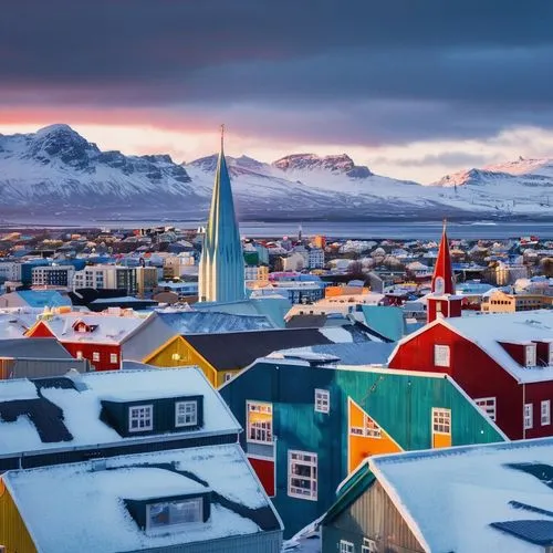 Reykjavik architecture, colorful buildings, Hallgrimskirkja church, unique Nordic design, asymmetrical structure, vibrant colors, wooden frames, corrugated iron roofs, stone foundations, intricate det