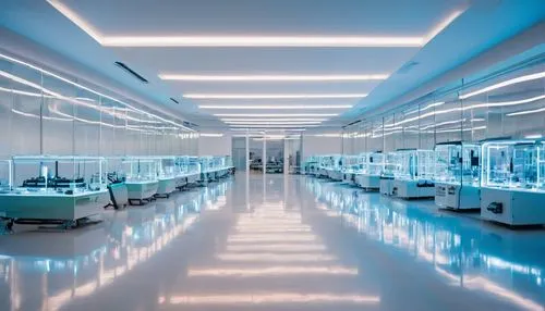 Futuristic laboratory, sleek glass walls, metallic frames, neon lights, intricate pipes, modern equipment, holographic displays, circular tables, ergonomic chairs, minimalist decorations, abstract art