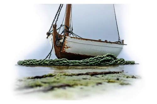 Large sailboat, majestic, solo, morning light, white sails, wooden hull, ropes, anchors, ocean waves, seaweed-covered, rusty chain, worn-out paint, 3/4 composition, low-angle shot, soft focus, cinemat