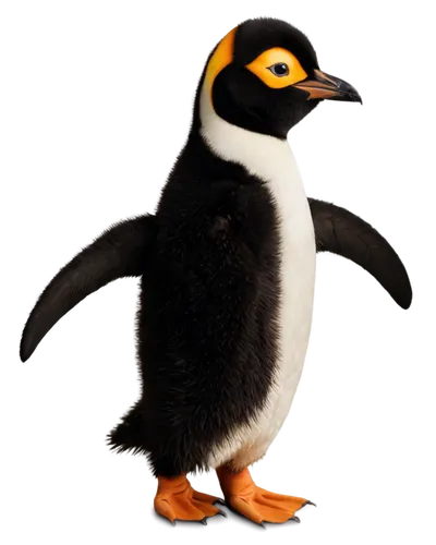 Adult penguin, solo, black and white feathers, orange beak, yellow eyes, flippers, waddling, cute expression, soft focus, shallow depth of field, warm lighting, 3/4 composition, natural texture, reali