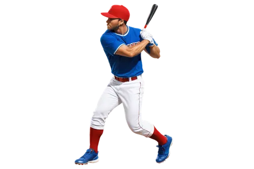 baseball player, male athlete, dynamic pose, swinging bat, throwing ball, baseball uniform, white pants, blue jersey, red cap, muscular arms, focused expression, stadium background, sunny day, dramati