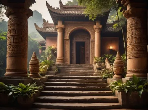 Dara-inspired architecture, ancient temple, intricate carvings, golden accents, ornate details, curved lines, majestic entrance, stone pillars, vibrant colors, mysterious ambiance, misty surroundings,