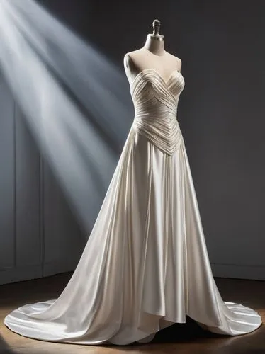 a wedding dress from a vogue catalogue in the year 2100. the dress is realistic. the dress is satin and inspired by the greek goddesses while remaining modern. the dress is on display.


,wedding gown