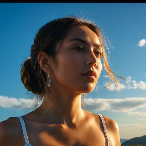 a young woman stands in a field with her face partially closed,cielo,sony alpha 7,sky,maisuradze,alycia,looking up,mariko,petka,ludovica,summer sky,kealoha,meditative,woman portrait,girl on the dune,f