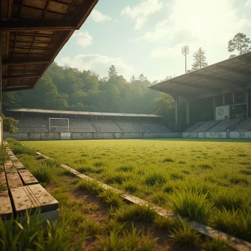 Rustic sports fields, natural grass, earthy tones, weathered stone walls, wooden goalposts, vintage metal bleachers, distressed wood benches, faded team logos, nostalgic atmosphere, warm sunlight, sof