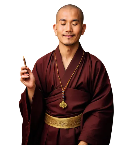 Buddhist monk, serene face, shaved head, brown robes, golden embroidery, prayer beads, gentle smile, eyes closed in meditation, lotus flower, incense sticks, traditional Tibetan architecture, warm lig