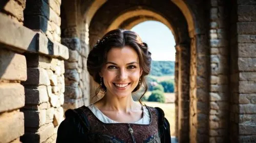 iulia hasdeu castle,girl in a historic way,celtic woman,bran castle,princess sofia,portrait background,a charming woman,a girl's smile,halic castle,fairy tale castle sigmaringen,miss circassian,celtic queen,rapunzel,almudena,jane austen,abbey,romantic portrait,medieval,dracula castle,medieval architecture