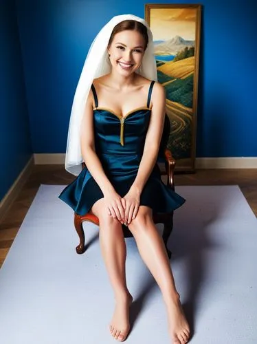 blue dress,sitting on a chair,blue background,blonde on the chair,hilarie,lopatkina