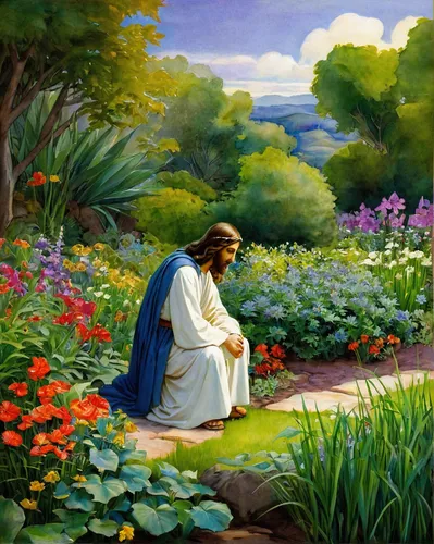 Jesus finding solace amidst the serene garden,man praying,church painting,boy praying,garden of eden,woman praying,the good shepherd,in the garden,praying woman,flower garden,easter background,jesus c