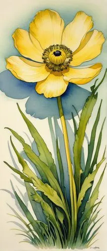 Create tattoo design. Yellow Anemone Flower in the grass Art. Print Botanical Watercolors Illustration. Shadow its. ,sand coreopsis,flower illustration,cosmea,arnica montana,marguerite daisy,camomile 