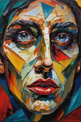 Distorted self portrait, abstract expressionism, melancholic atmosphere, oil painting texture, vibrant colors, exaggerated facial features, bulging eyes, twisted mouth, asymmetrical composition, bold 