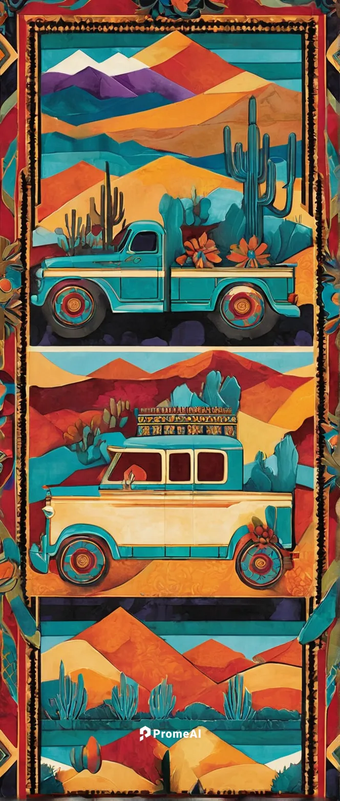 Craft a romantic story set in the enchanting landscapes of Santa Fe involving a truck driver and a local artist,southwestern,stagecoach,mexican blanket,travel trailer poster,santa fe,desert safari,alb