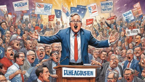 Depict a comical caricatured politician in a chaotic debate surrounded by exaggerated supporters and opponents.,politician,the labor,protester,2020,45,the leader,election,america,raised hands,politica