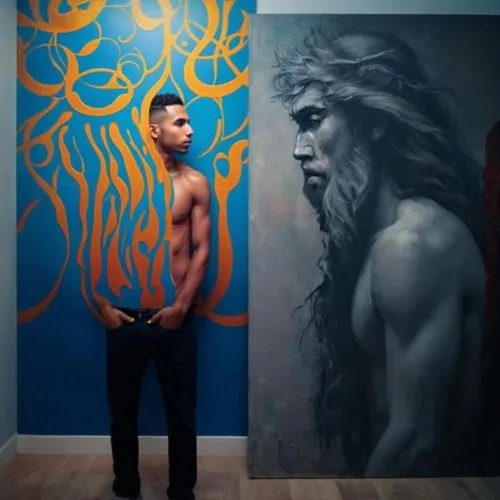 poseidon,merman,aquaman,poseidon god face,art,sea god,greek god,god of the sea,art model,artistic,indigenous painting,fantasy art,wall art,unicorn art,cave man,artist,mermaid background,fine art,sculptor,bodypainting