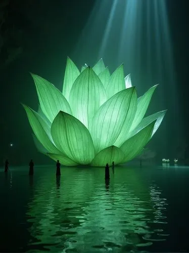 In the cave of Lao Cai, people stand inside an oversized green lotus leaf installation on the water's surface and create art installations made from glass fibers in front of them. The scene is surroun