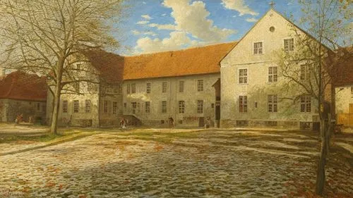 Oil painting, style of Pieter Bruegel the Elder, landscape, Renaissance, Middle Ages, impasto painting style, Depict the household courtyard of the German stone monastery of St. Mary and Gertrude in o