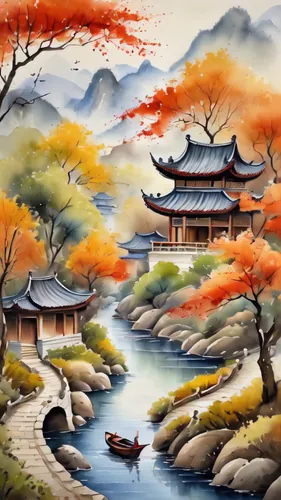 oriental painting,chinese art,japanese art,japan landscape,autumn landscape,landscape background,oriental,cool woodblock images,khokhloma painting,yunnan,river landscape,mountain scene,watercolor background,japanese background,chinese background,mountain landscape,luo han guo,art painting,asian architecture,japanese garden,Illustration,Paper based,Paper Based 24