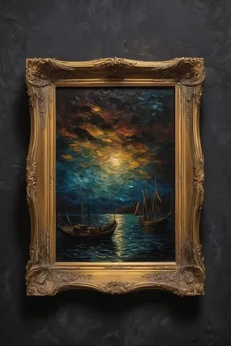 copper frame,decorative frame,wood frame,wooden frame,sea landscape,vincent van gough,aivazovsky,turner,beautiful frame,seascape,art painting,gold frame,ocean background,golden frame,oil painting on canvas,art nouveau frame,glass painting,holding a frame,boat landscape,ruysdael,Conceptual Art,Fantasy,Fantasy 34