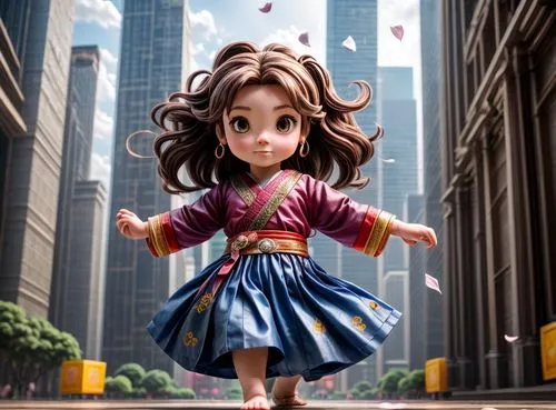 In an ancient building, a cute little girl is not only a descendant of an ancient mystical martial art, but also can use flower petals as weapons,little girl in wind,little girl running,cute cartoon c