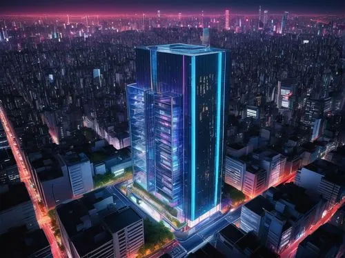 Modern architectural design, futuristic skyscraper, sleek metal structure, glass facade, angular lines, neon lights, rooftop garden, cityscape, nighttime, Tokyo, drone shot, panoramic view, cinematic 