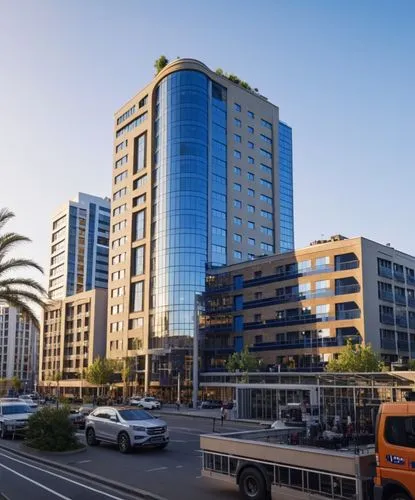 the skyscr is blue and grey in color,herzliya,ashdod,rotana,kiryat,tlv,abdali,tikva,ajman,sandton,tel aviv,ayalon,ashrafieh,mubadala,achrafieh,netanya,addis ababa,technion,umhlanga,largest hotel in du