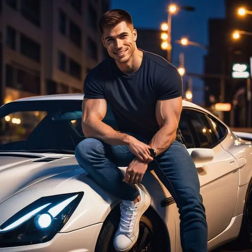 Andrew Tate, muscular man, confident smile, short brown hair, intense gaze, strong jawline, casual wear, white graphic T-shirt, dark blue jeans, sneakers, leaning against a sports car, city street, ev