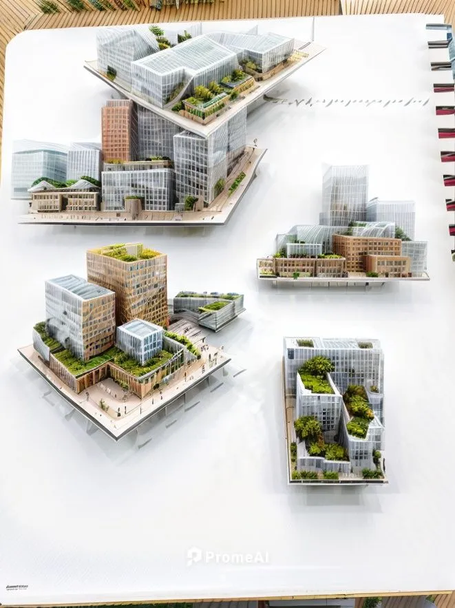 Perspective of a city block in new york. Tiered buildings with ROOFTOP GARDENS. Planters line the sidewalk with lots of FLOWERS. Staircases allow movement between the rooftop gardens. Buildings are ma