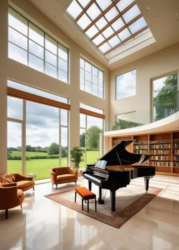 Modern luxurious villa, UK, countryside, rolling hills, green landscape, large windows, minimalist interior, sleek lines, marble floors, high ceilings, spacious living room, floor-to-ceiling bookshelv